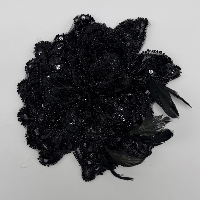 GCW-LQ007 Black Sequin Beaded Flower Applique with Feather for Bridal Dress